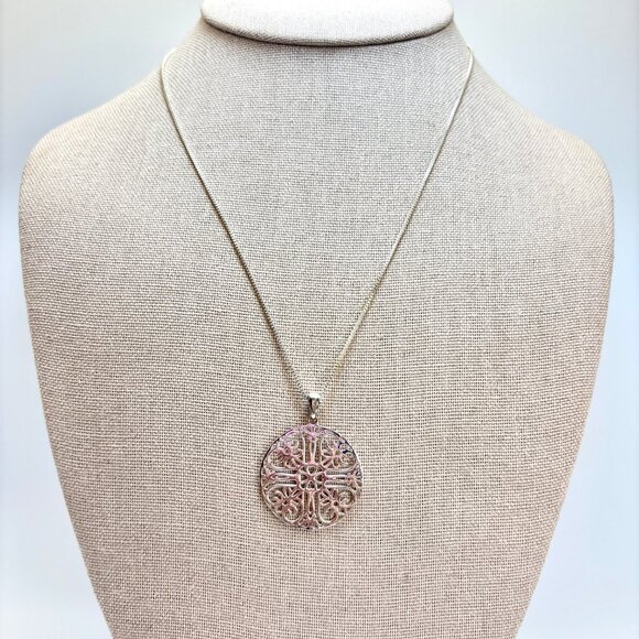 VTG Sterling Silver 925 Scroll Heart Circle Pendant Necklace Size 18" Length - Picture 1 of 16